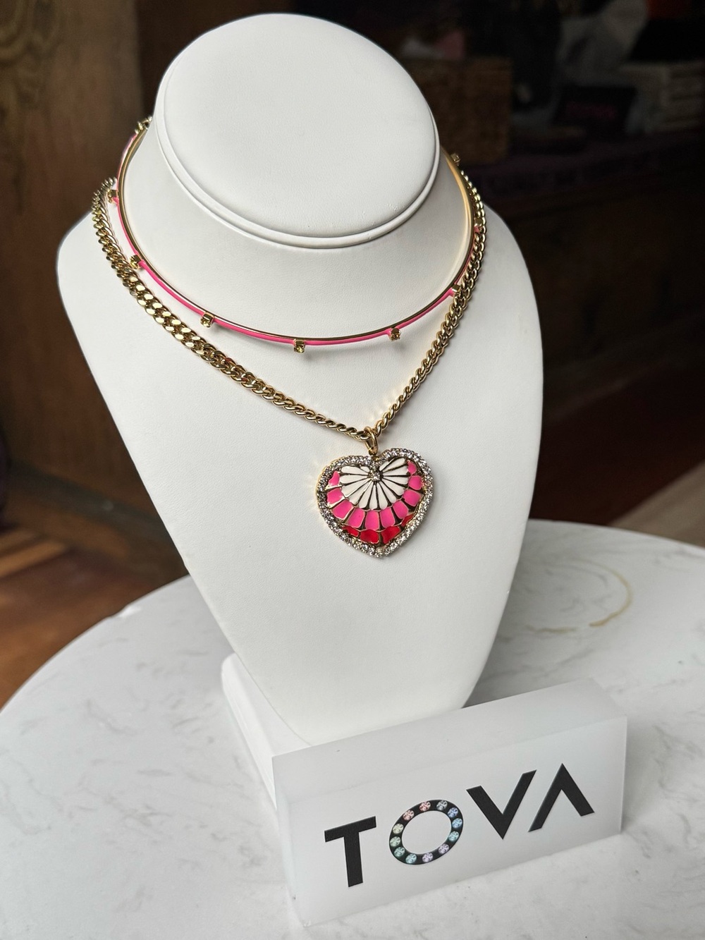 TOVA enamel heart framed in crystals on a bold chain